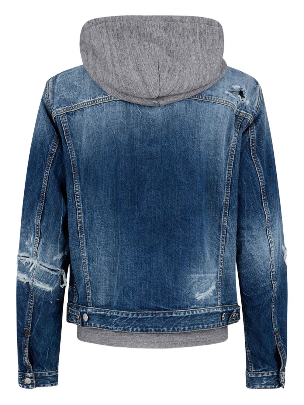Distressed Denim Jacket With Grey Hood And Ribbed Cuffs