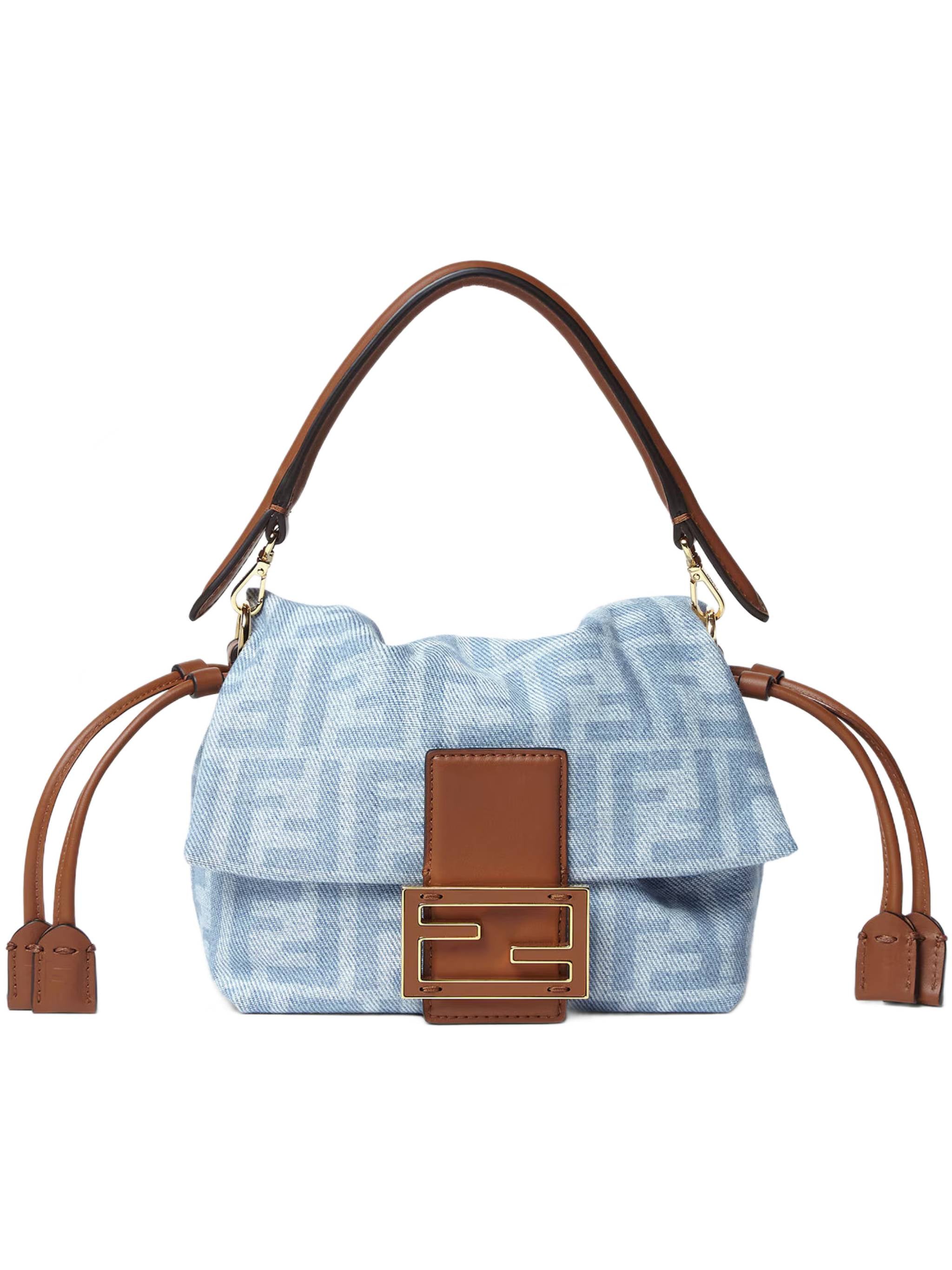 Soft Rectangular Baguette Bag with Monogram Pattern and Leather Accents