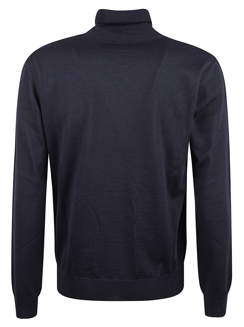 Dark Blue Turtleneck Sweater With Embroidered Logo