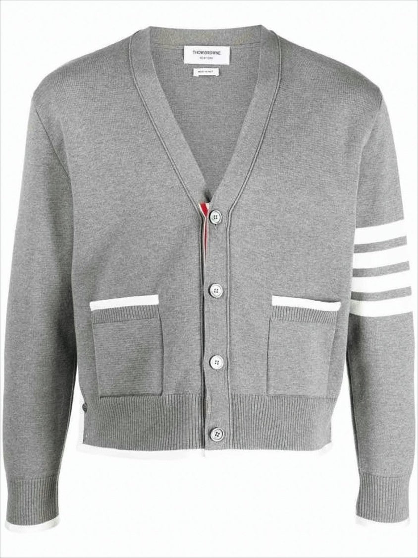 Cropped Grey Cardigan with V-Neckline and Signature Stripes