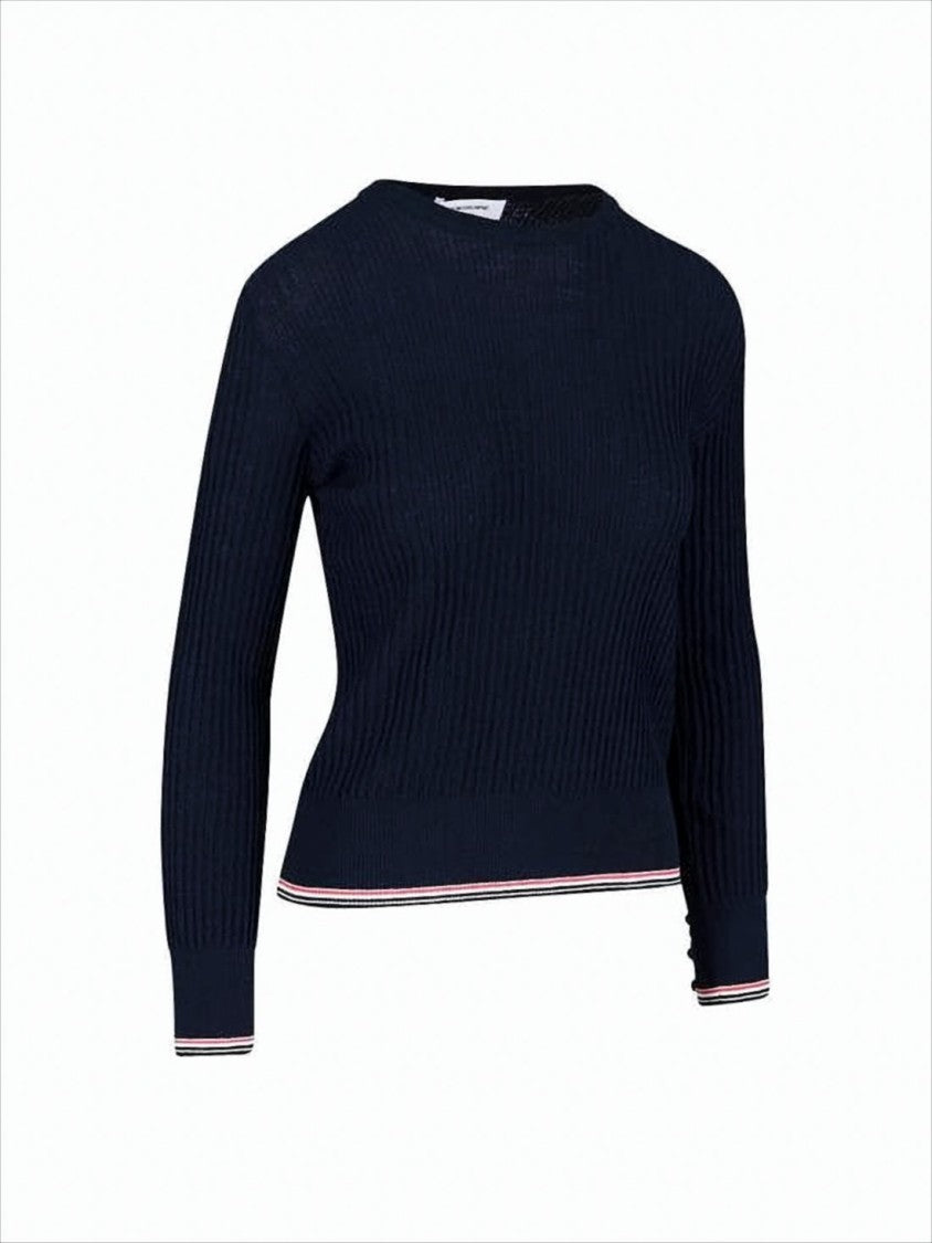 Ribbed Knit Sweater with Tricolor Stripe Trim