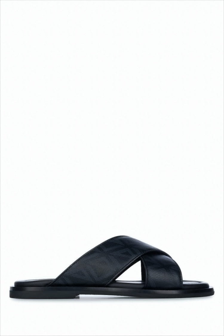 Open-Toe Black Mule Sandals with Embossed Detailing