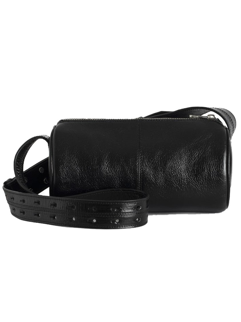 Textured Black Leather Cylindrical Shoulder Bag