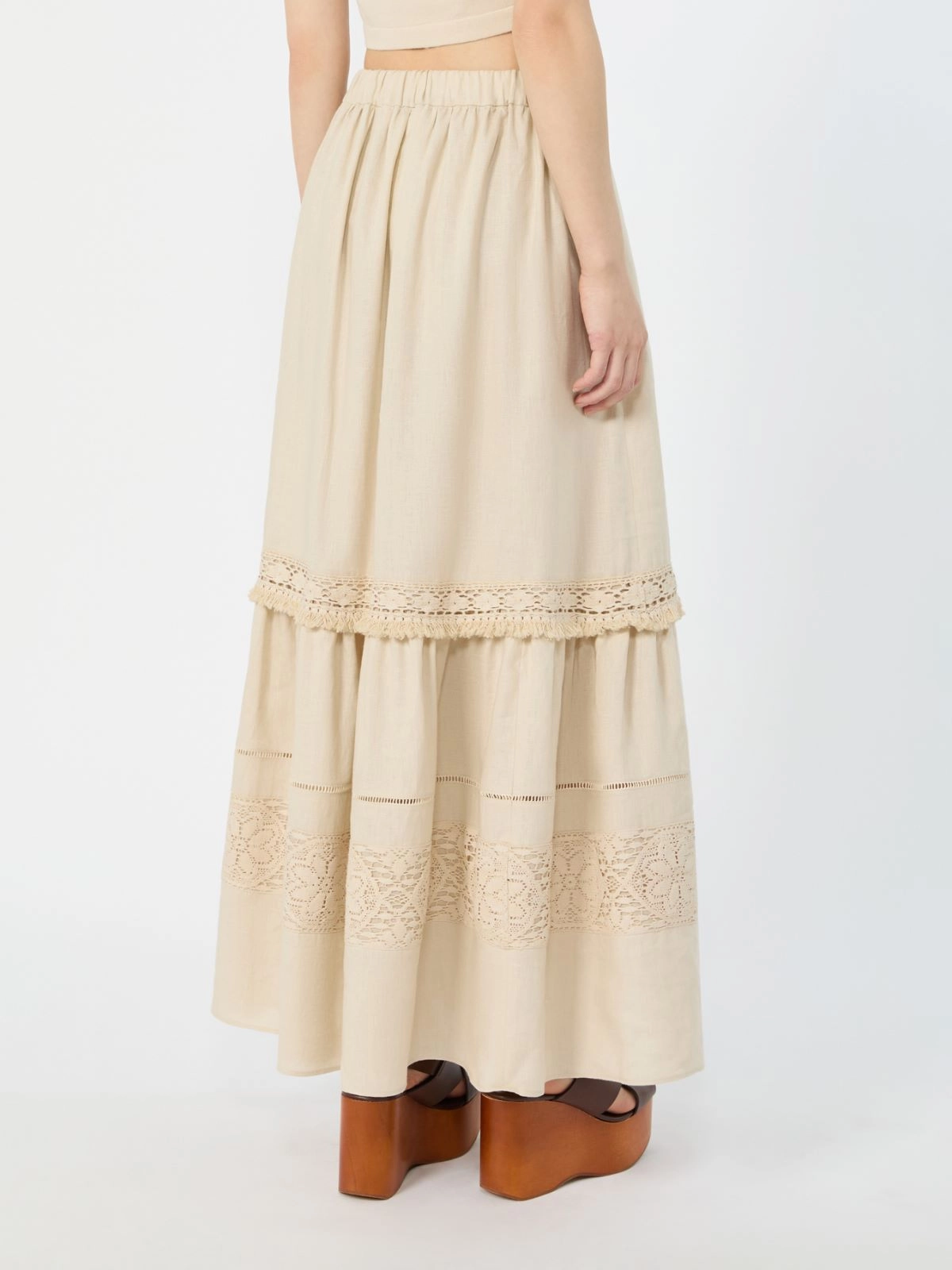 Tiered Midi Skirt with Lace Inserts
