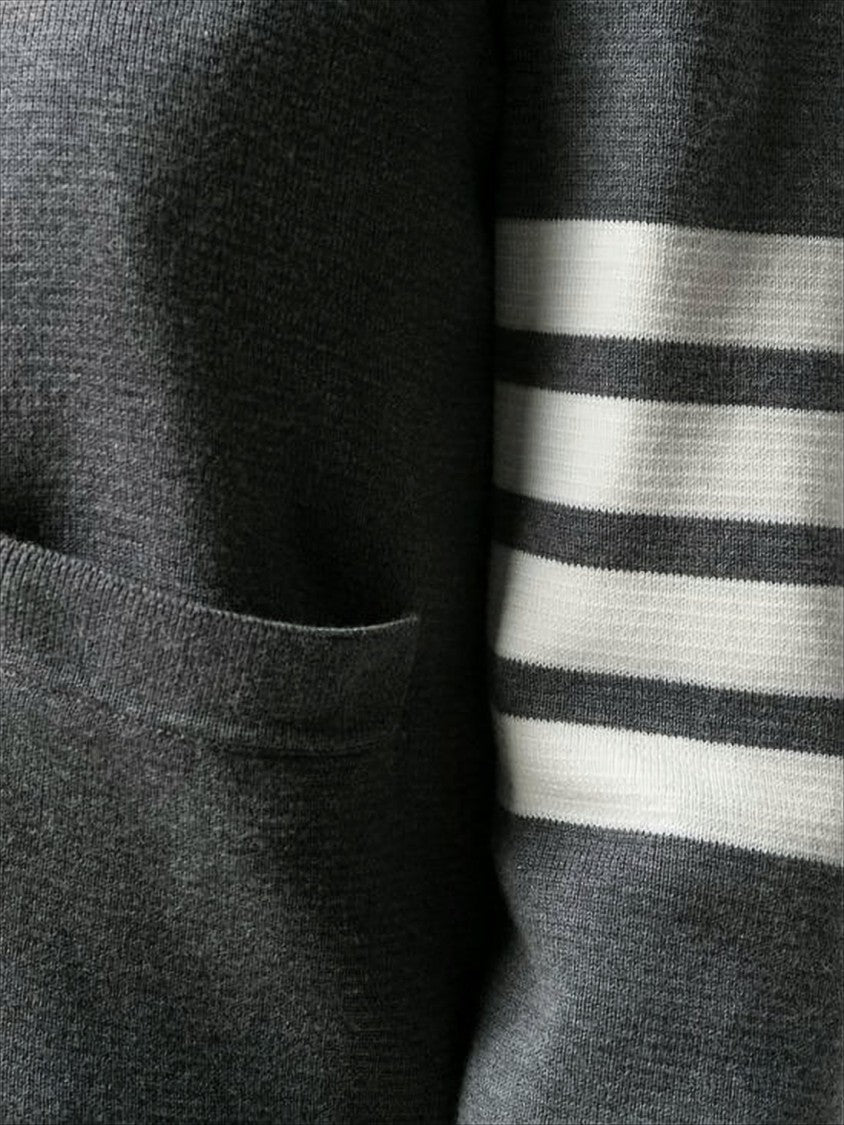Classic V-Neck Grey Knitwear Cardigan with Striped Accents