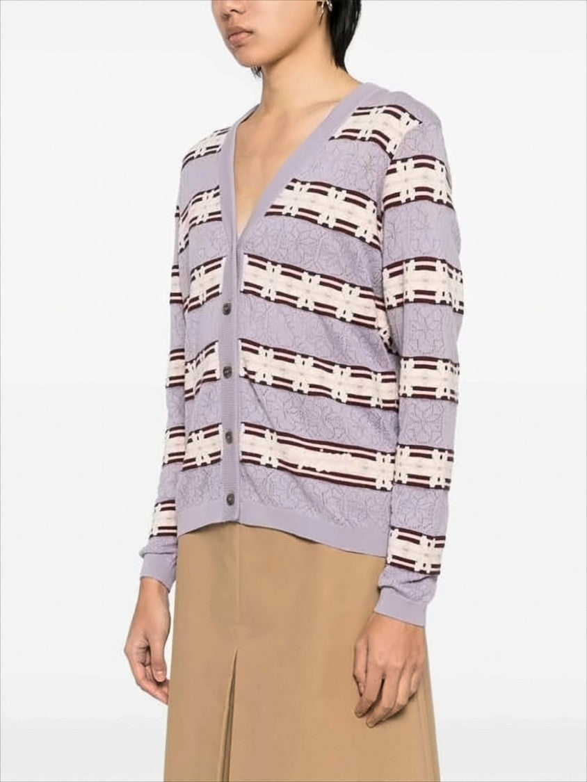 Lilac Striped Textured Knit Cardigan With V-Neckline