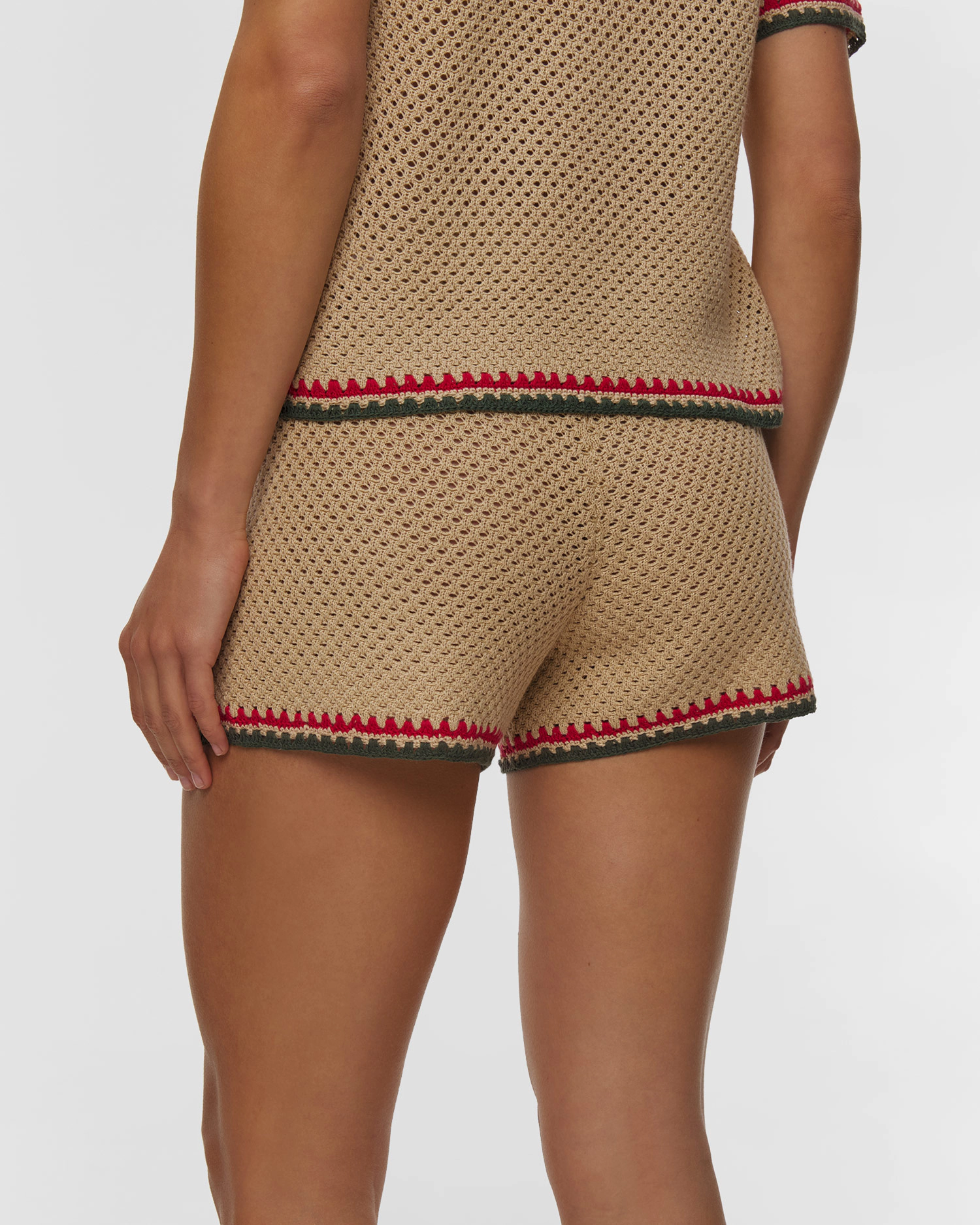 Beige Crochet Knit Set with Floral Embroidery