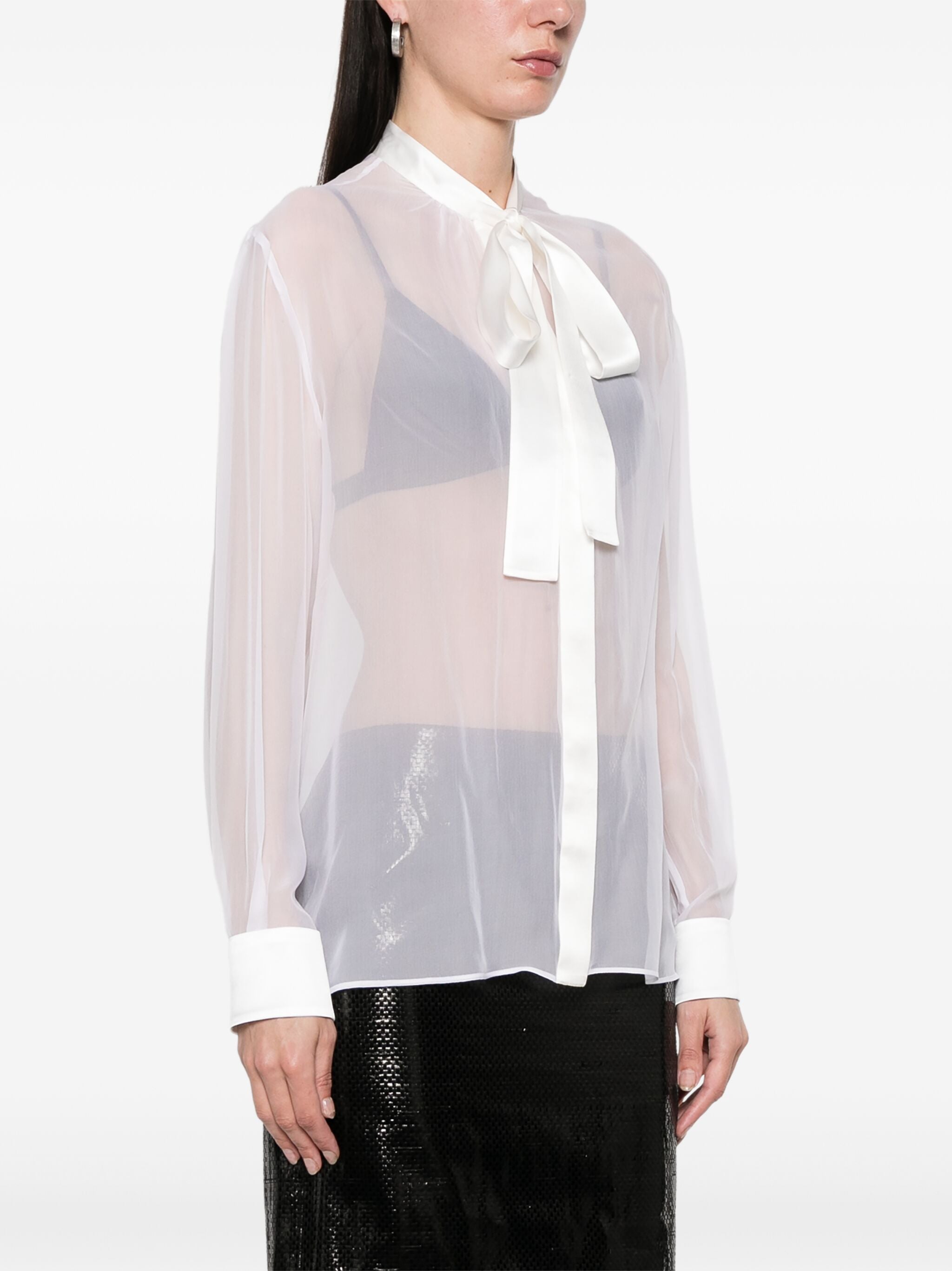 Sheer Silk Chiffon Bow Tie Blouse