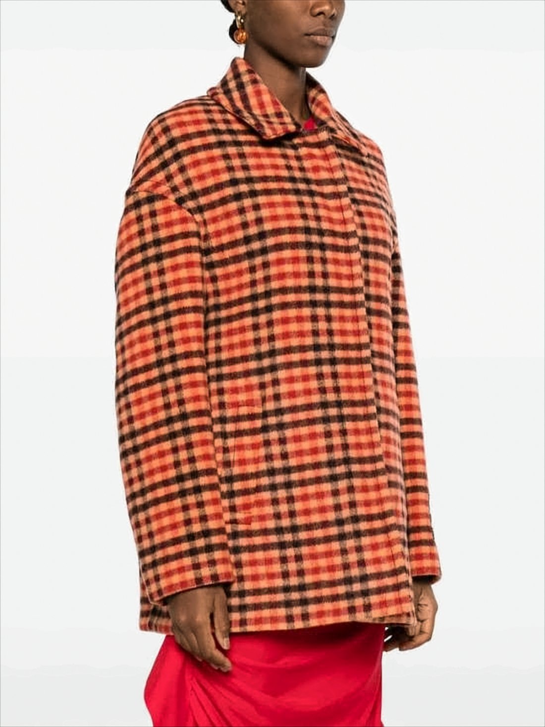 Boxy Mid-Length Trench Coat with Bold Checkered Pattern
