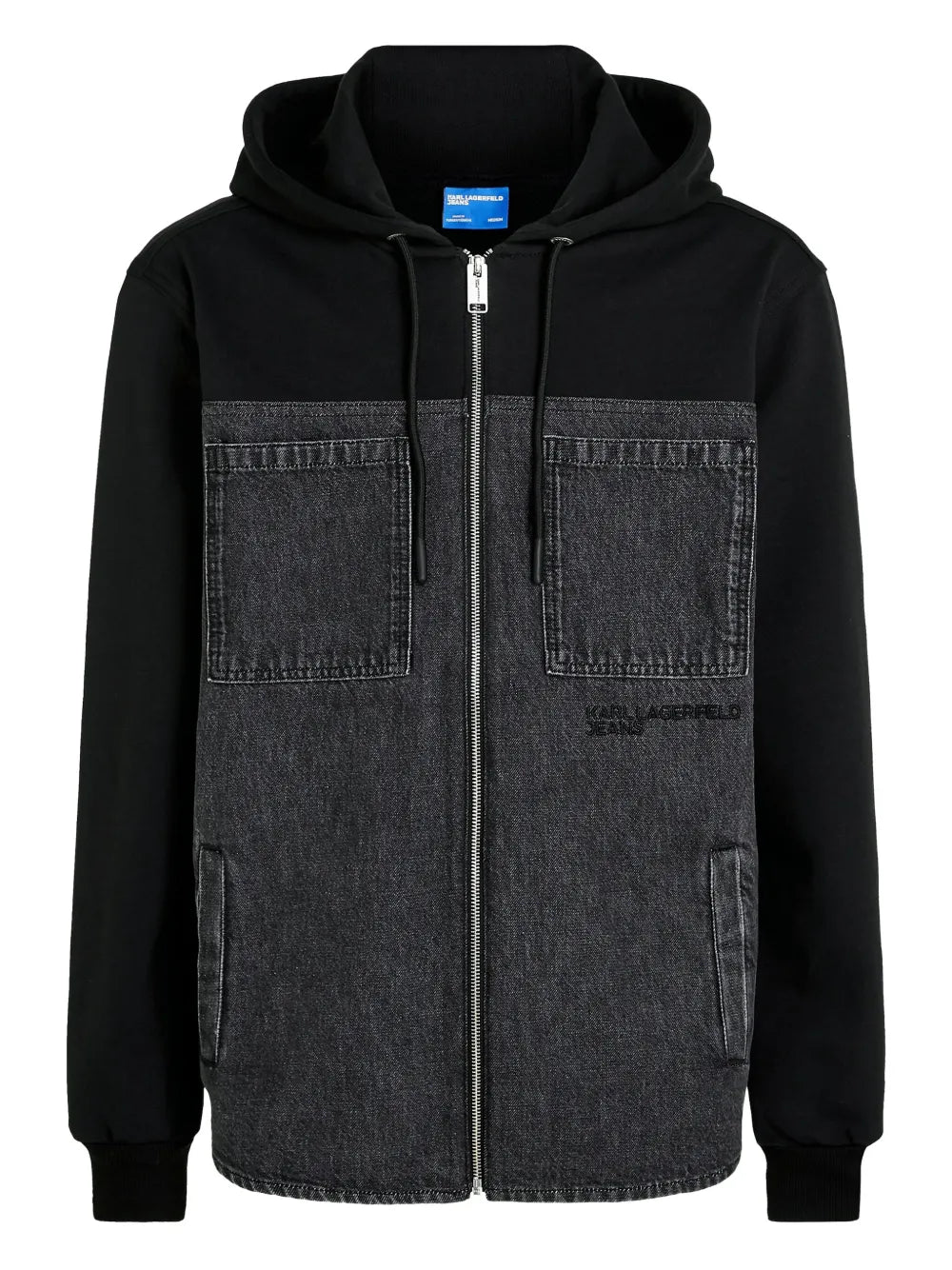 Denim-Panel Jacket with Hood and Ribbed Cuffs