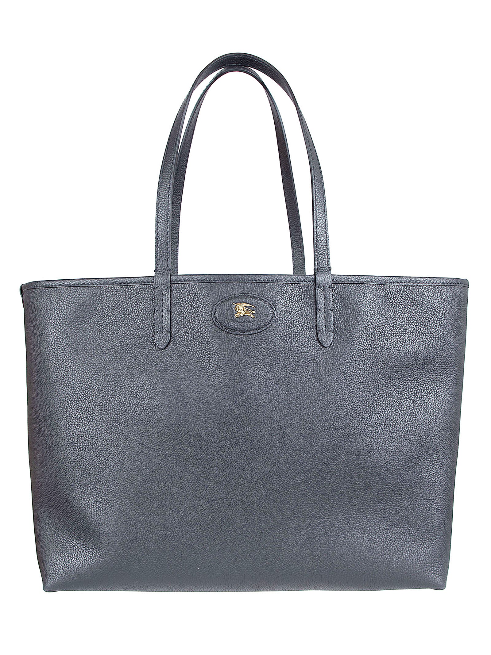 Reversible Black Calf Grain Leather Tote Bag with Equestrian Knight Emblem