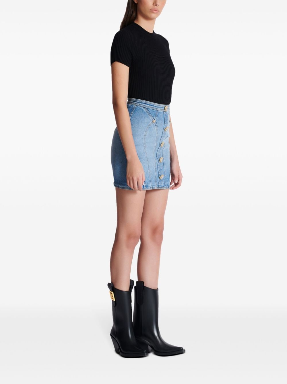 Thigh-Length Light Blue Stretch-Cotton Denim Skirt