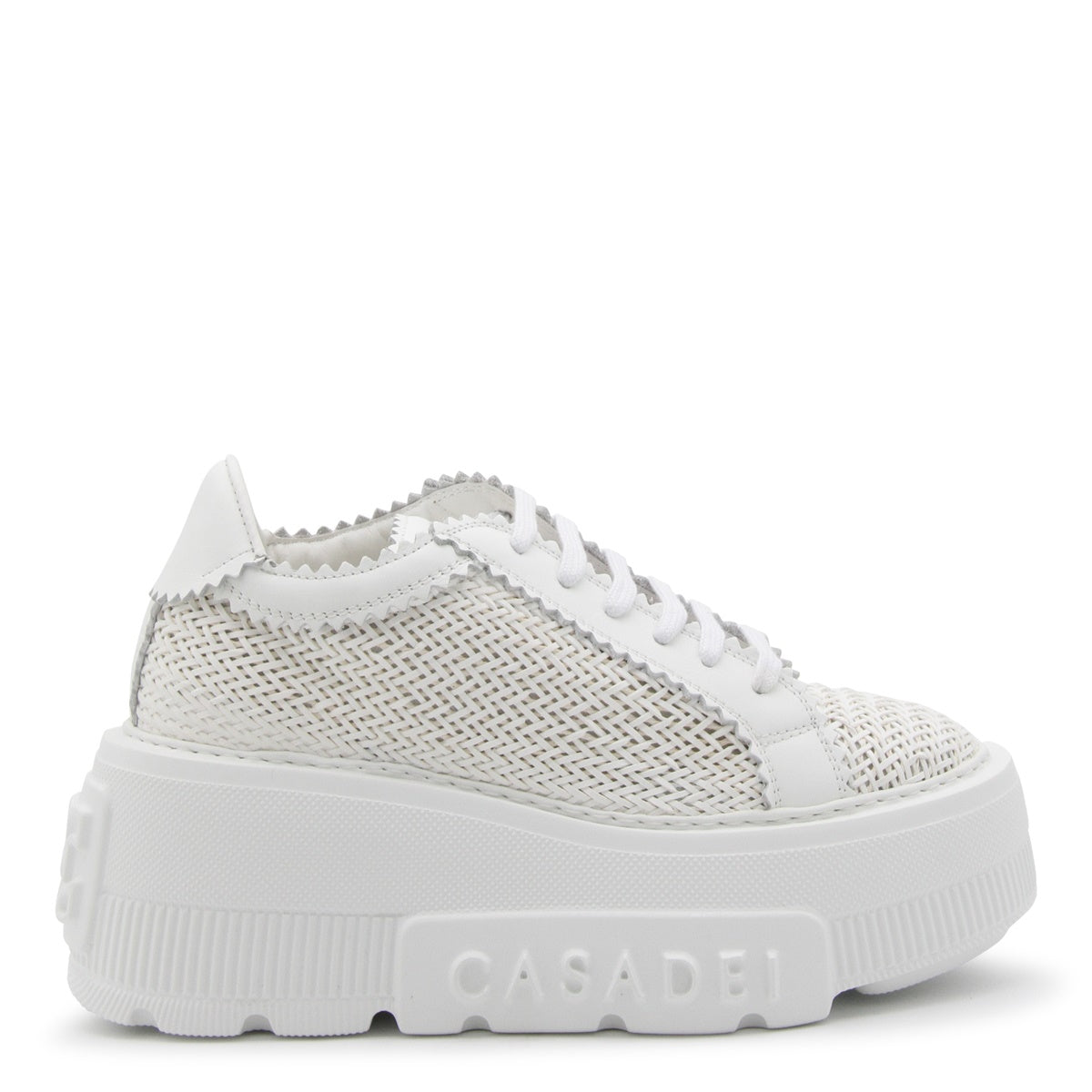 Textured White Leather Sneakers with Platform Sole