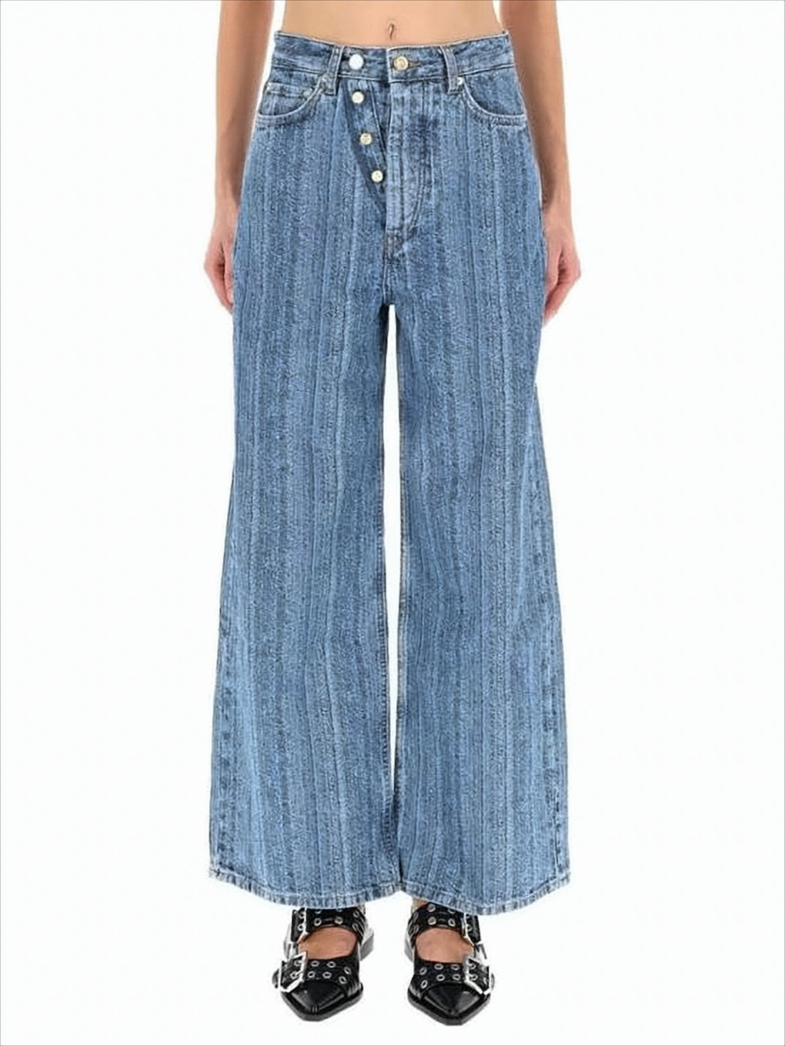Wide-Leg Denim Pants with Vertical Striped Pattern