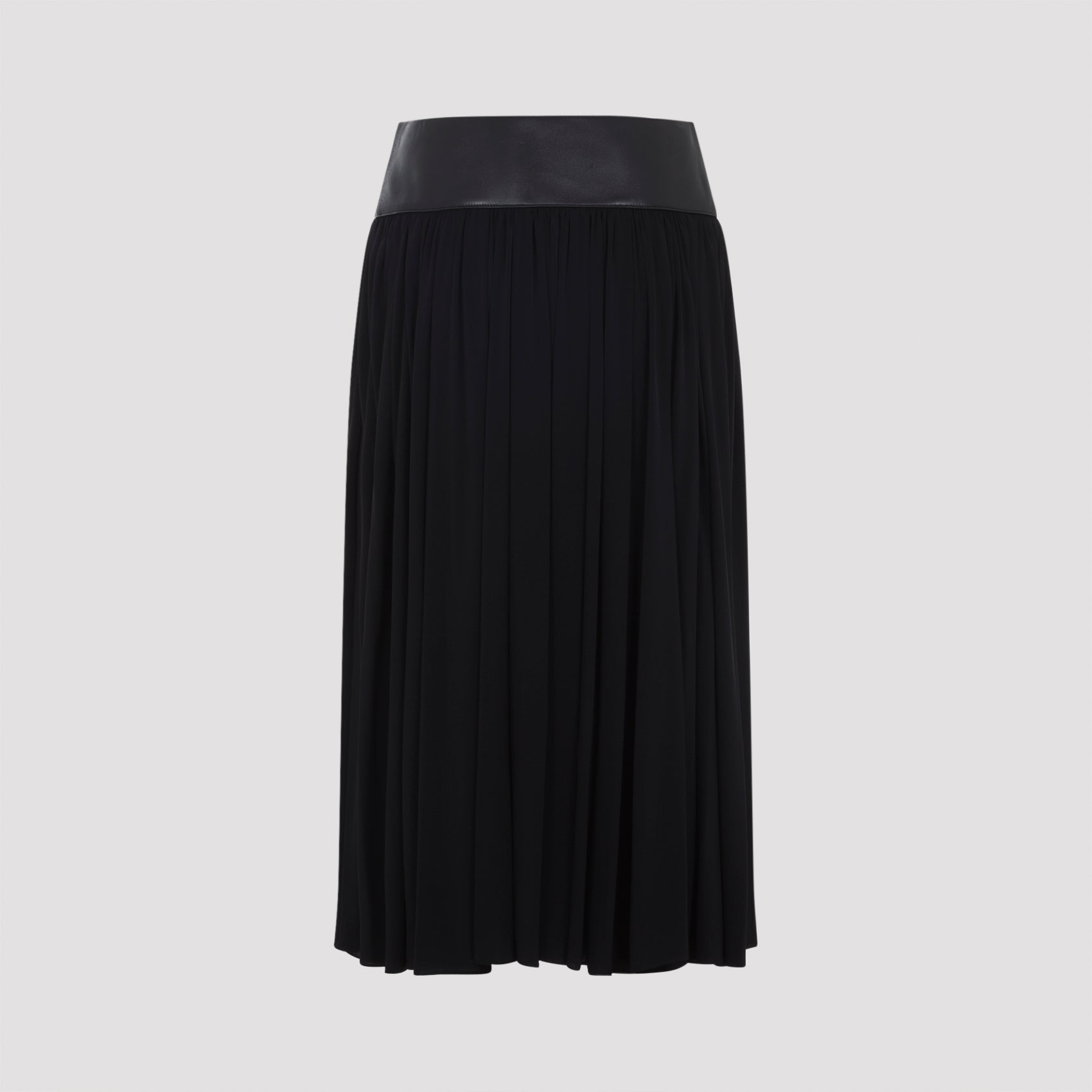 Pleated Black Midi Skirt With High Lamb Leather Waistband