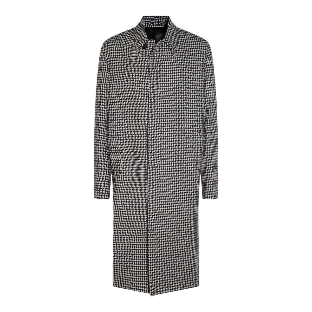 Houndstooth Pattern Long Coat with Structured Collar