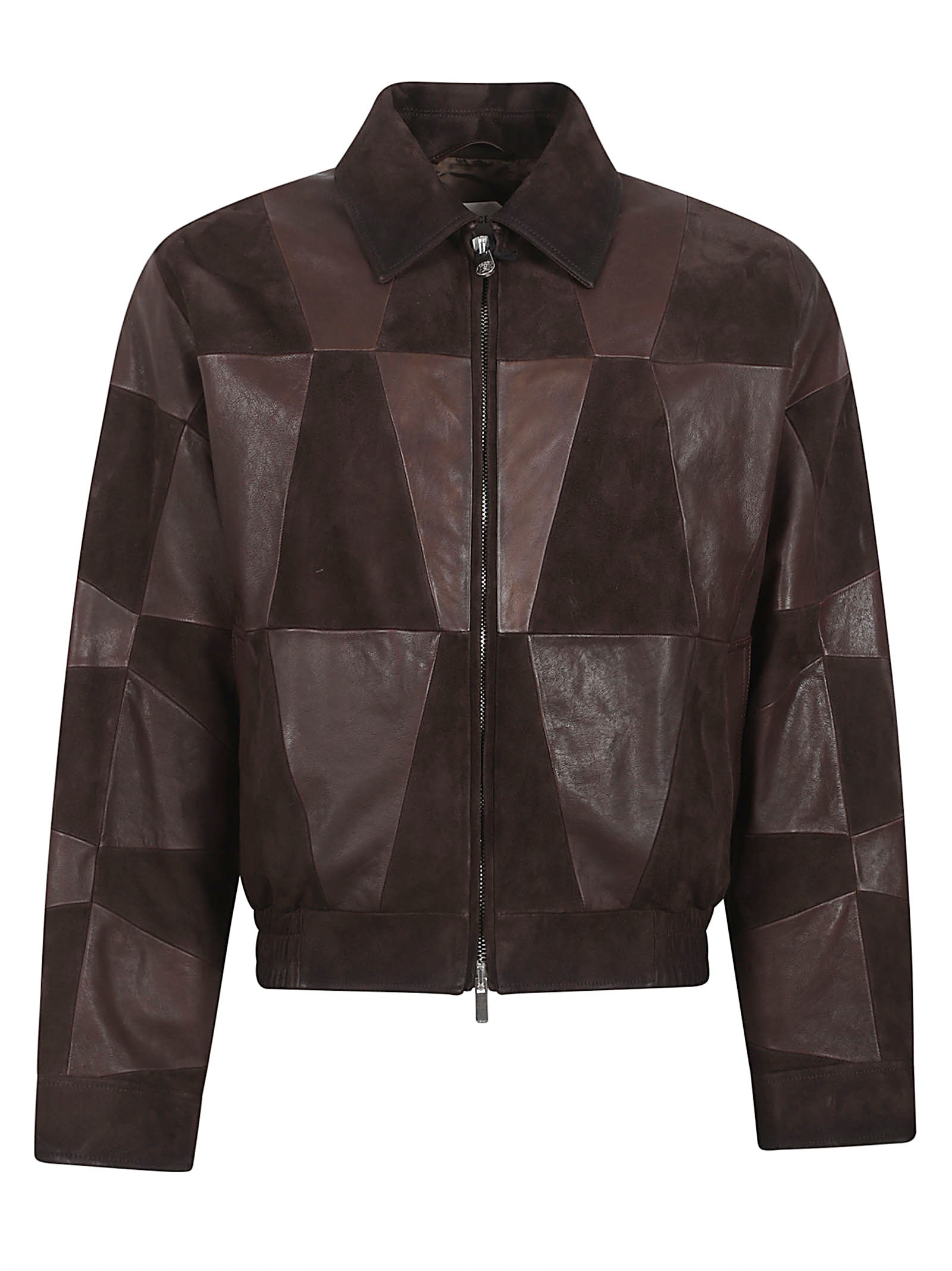 Patchwork Leather Coat with Classic Collar and Zipper Closure