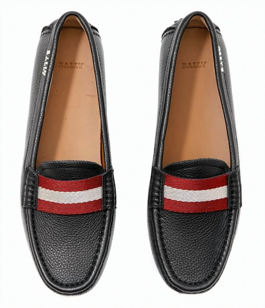 Textured Black Leather Loafers with Striped Fabric Band