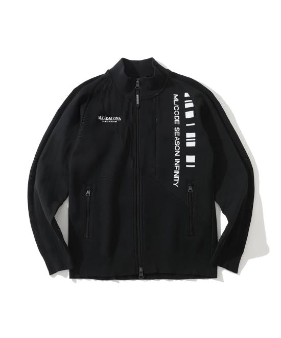 High-Collar Black Zip-Up Jacket with Graphic Accents