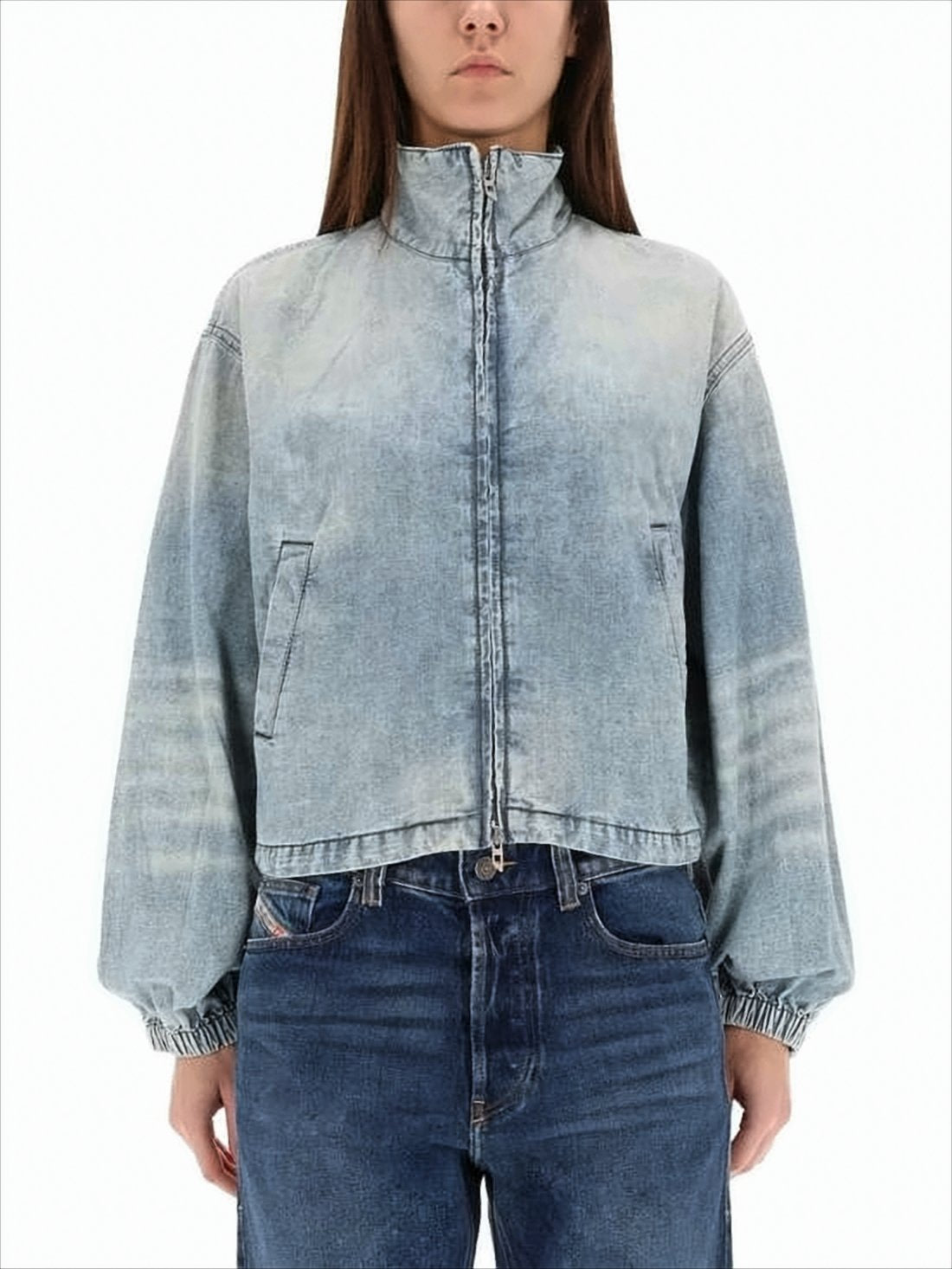 Cropped Denim Jacket with High Collar