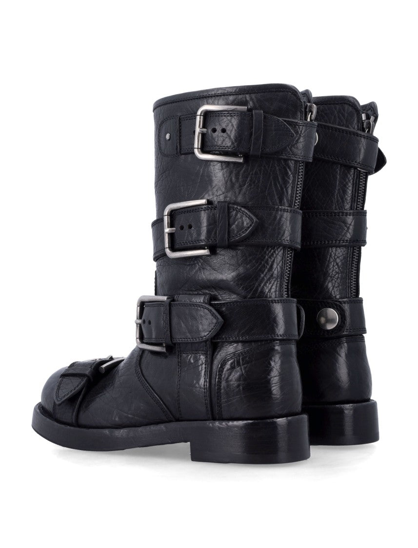 Black Leather Biker Boots With Buckles