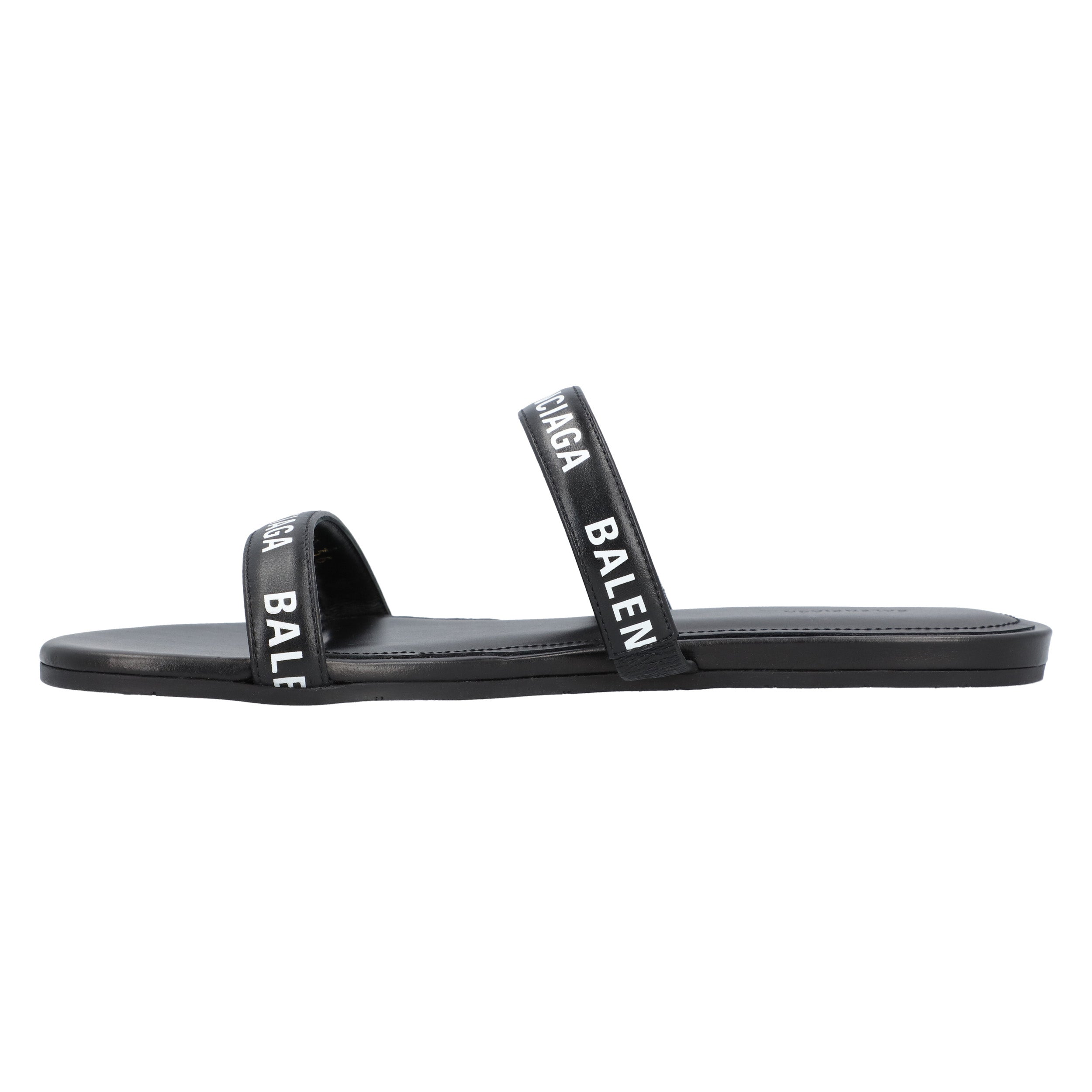 Round Flat Leather Sandals Black
