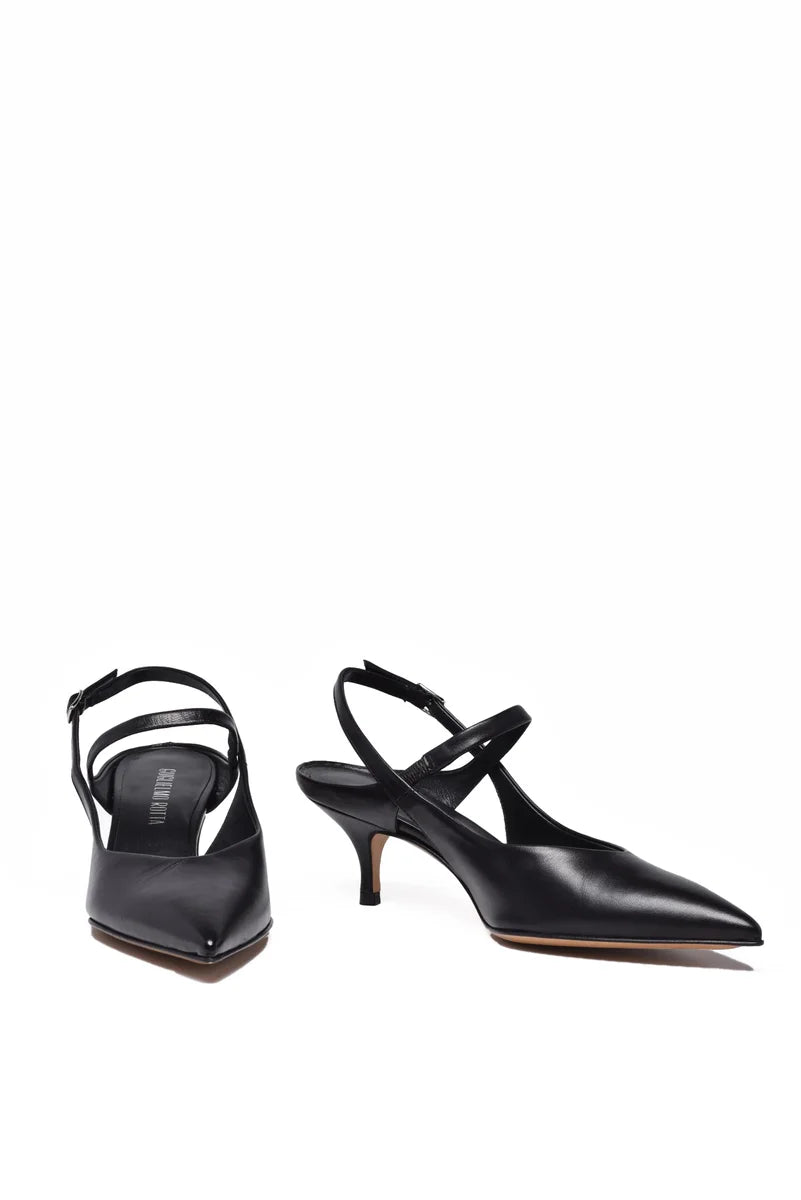 Black Leather Rubber Sole Heeled Pump