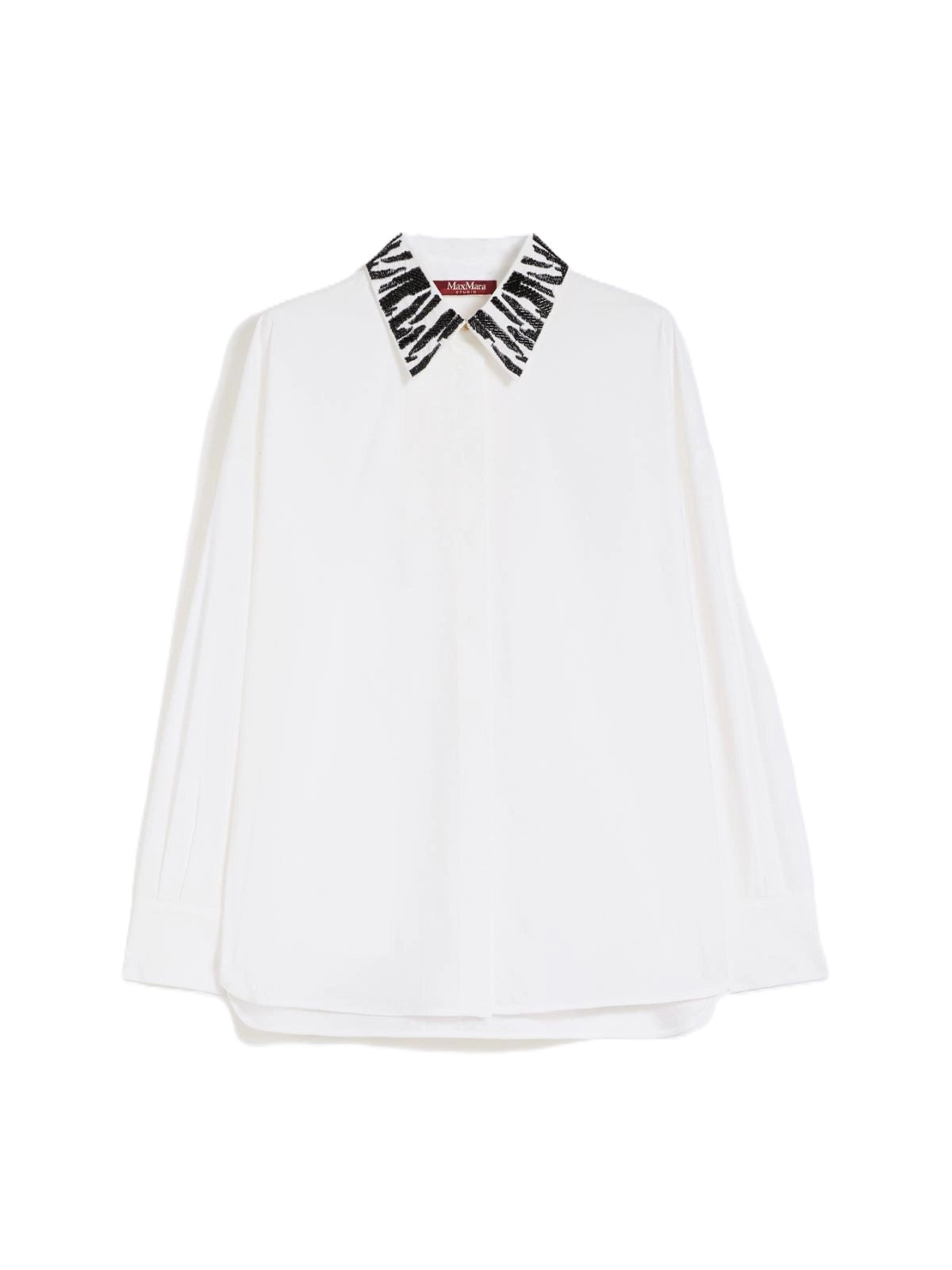 Long-Sleeve Blouse with Zebra-Patterned Collar and Gold-Tone Buttons