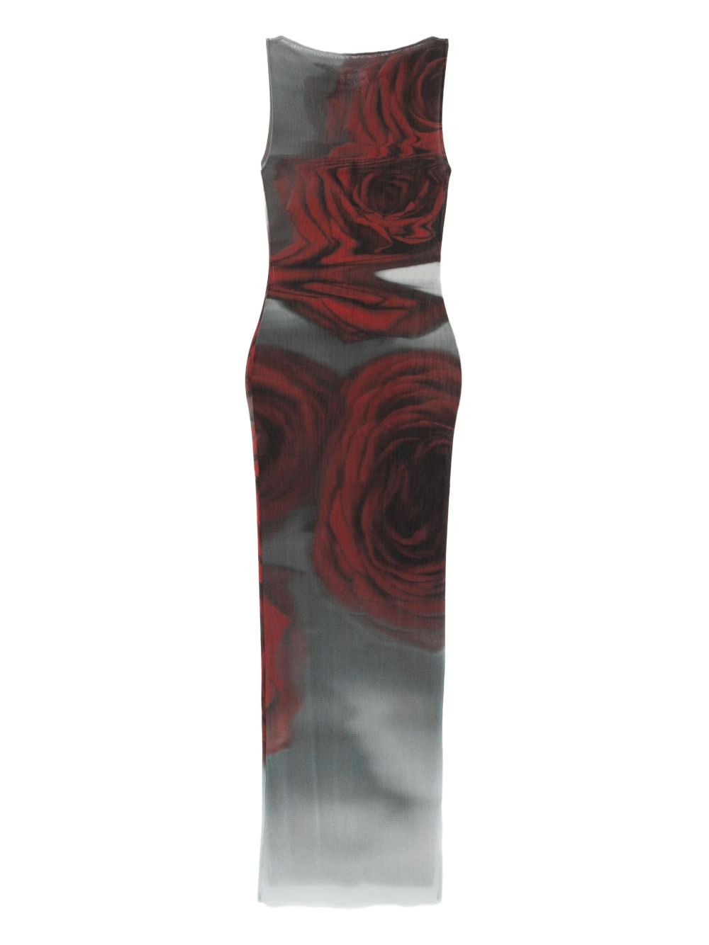 Dark Red Blurry Roses Print Sleeveless Tulle Maxi Dress