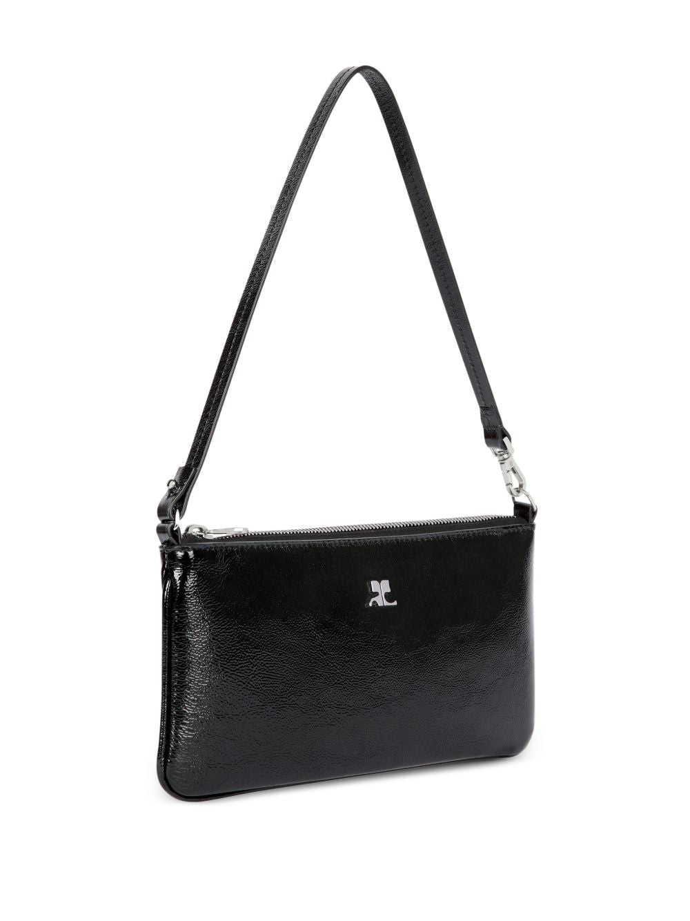 Rectangular Black Handbag with Glossy Finish and Silver Emblem