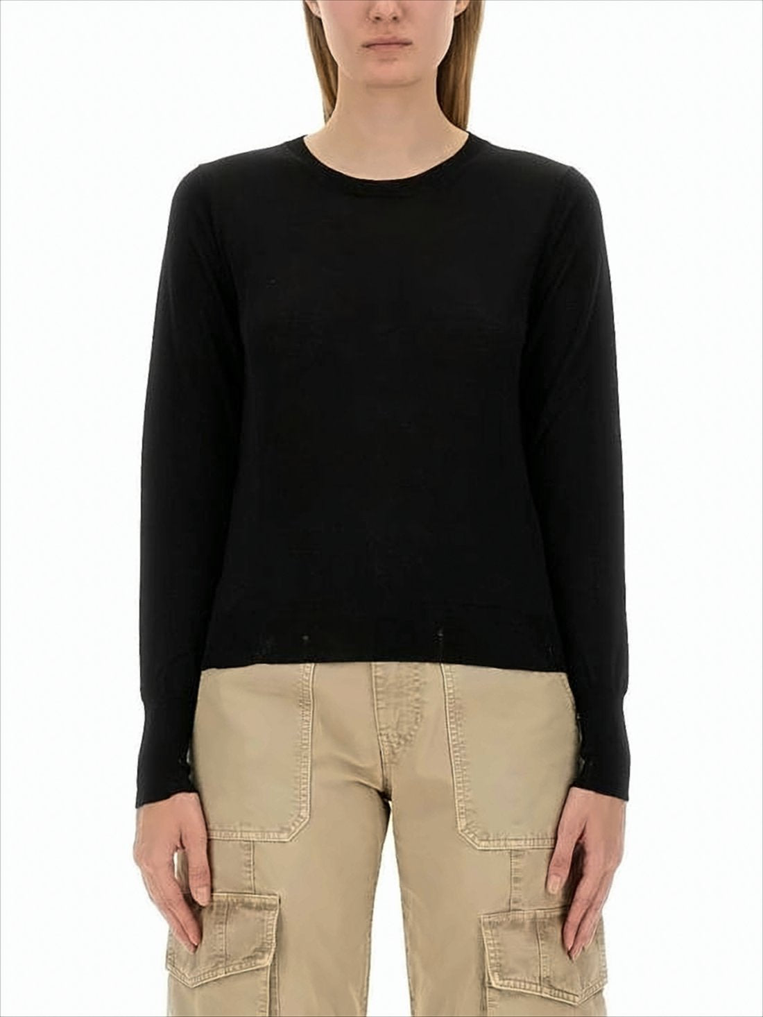 Long-Sleeved Fitted Black Wool Sweater with Star Embellishments