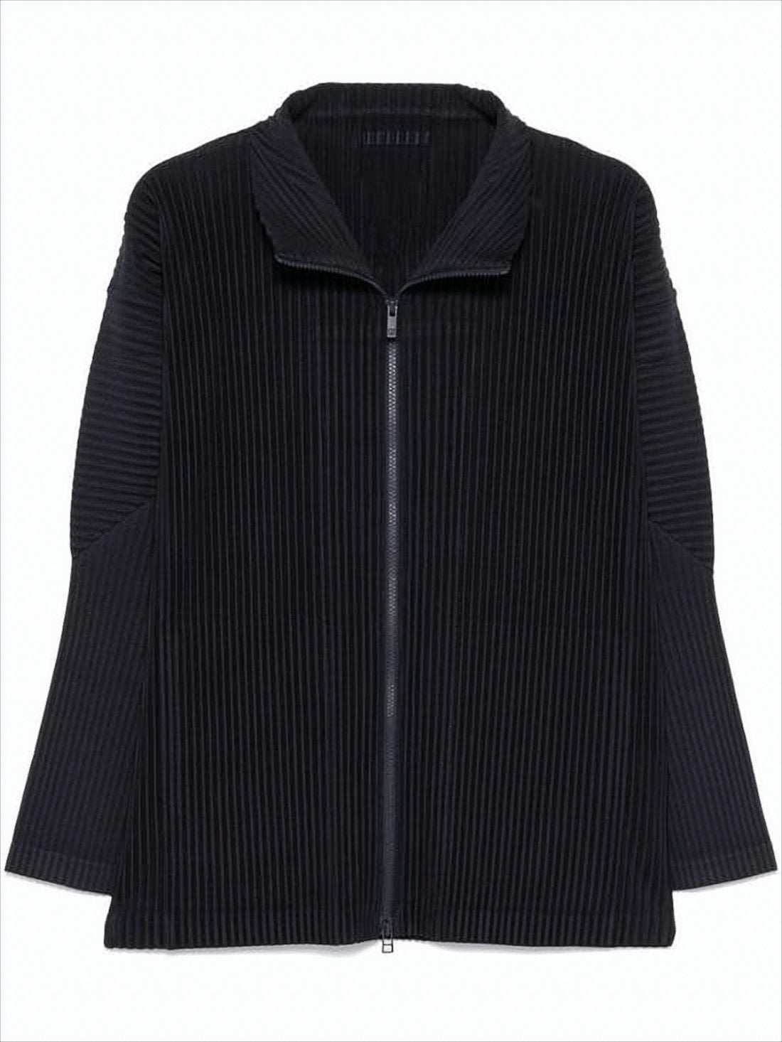 Pleated Black Jacket with Front Zipper