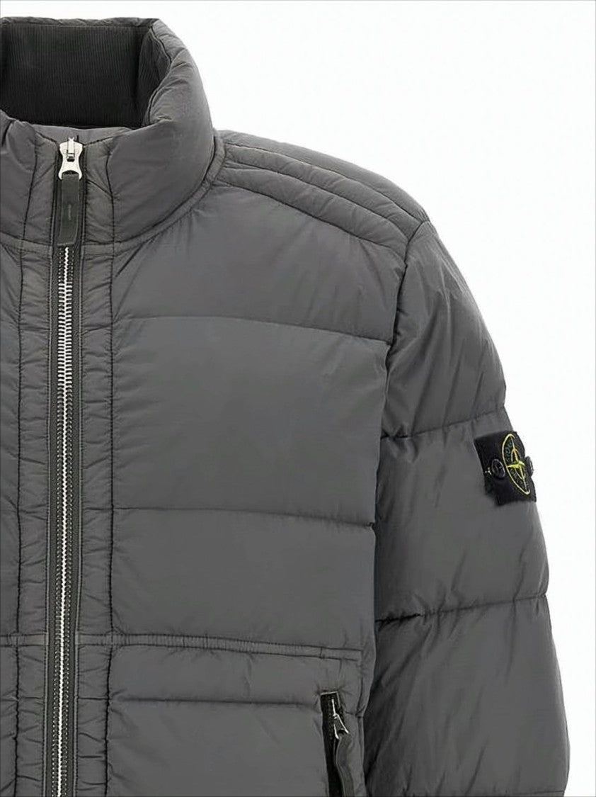 Quilted Grey Padded Jacket with High Collar and Distinctive Patch