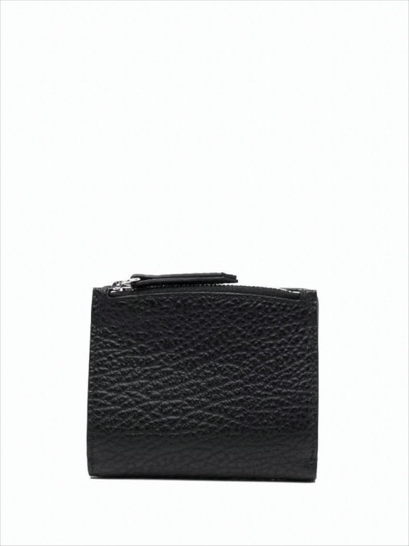 Textured Calf Leather Compact Wallet With Distinctive Stitches