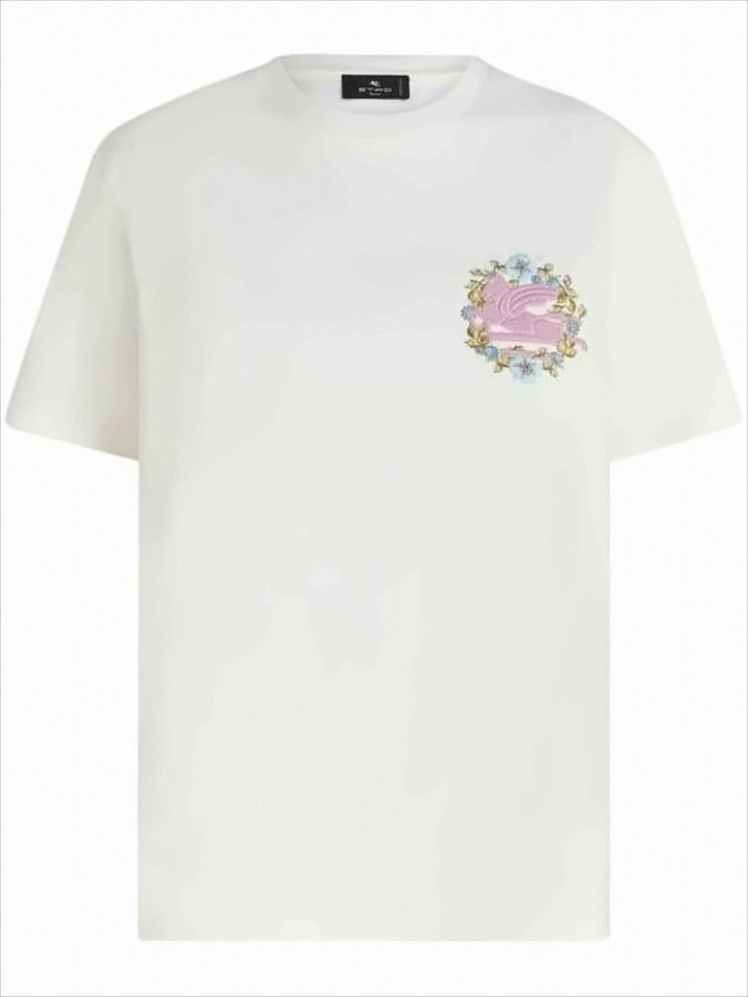 Short-Sleeved Cotton T-Shirt with Floral Emblem