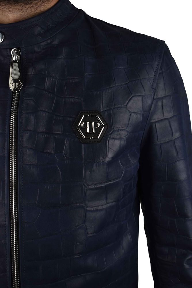 Croc-Embossed Leather Biker Jacket With Silver Hardware