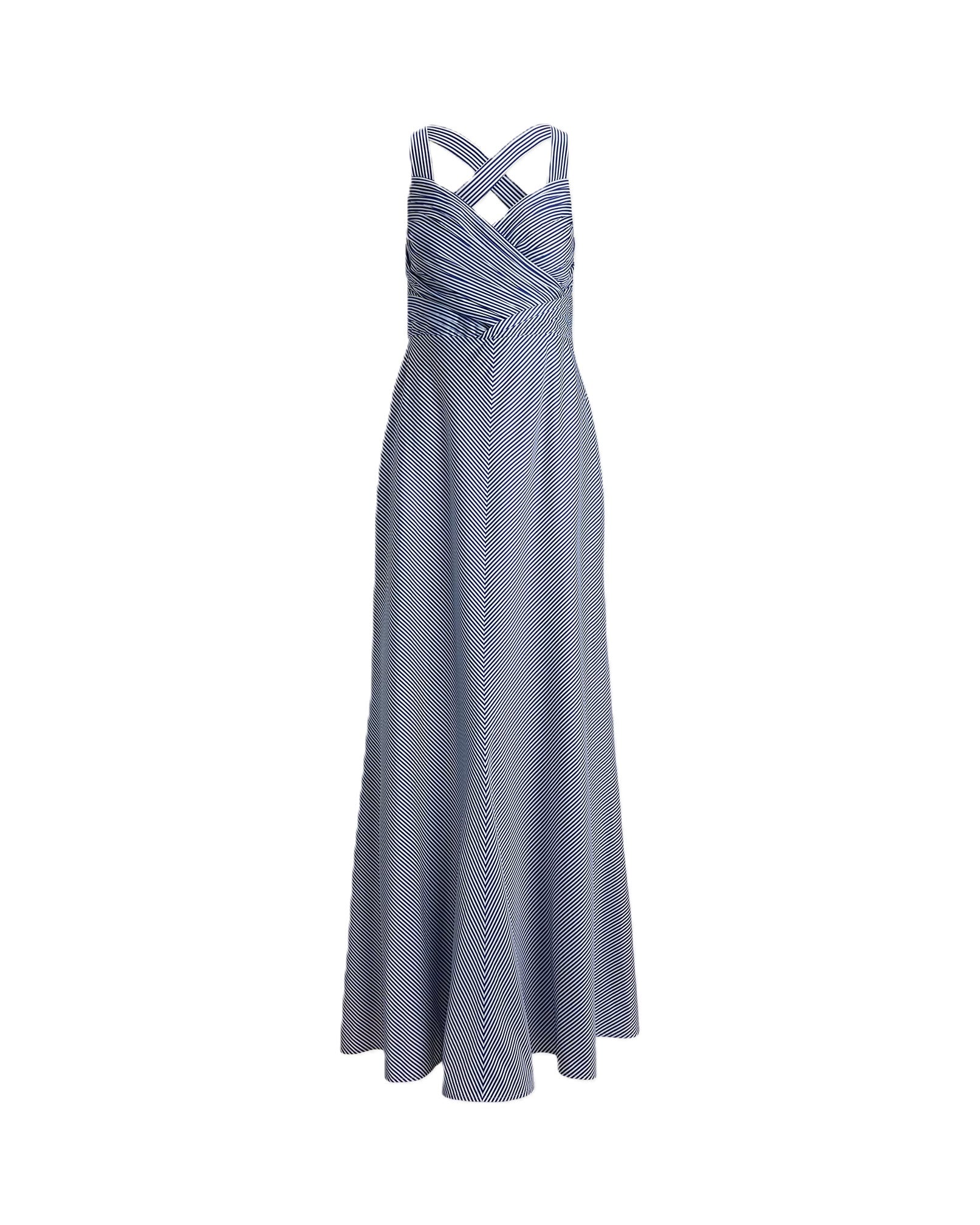 Navy Blue Woven Taffeta Evening Gown