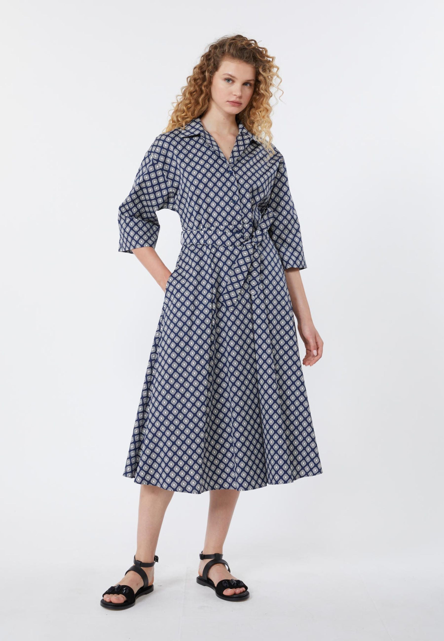 Midi Dress with Fitted Waist and Self-Tie Belt