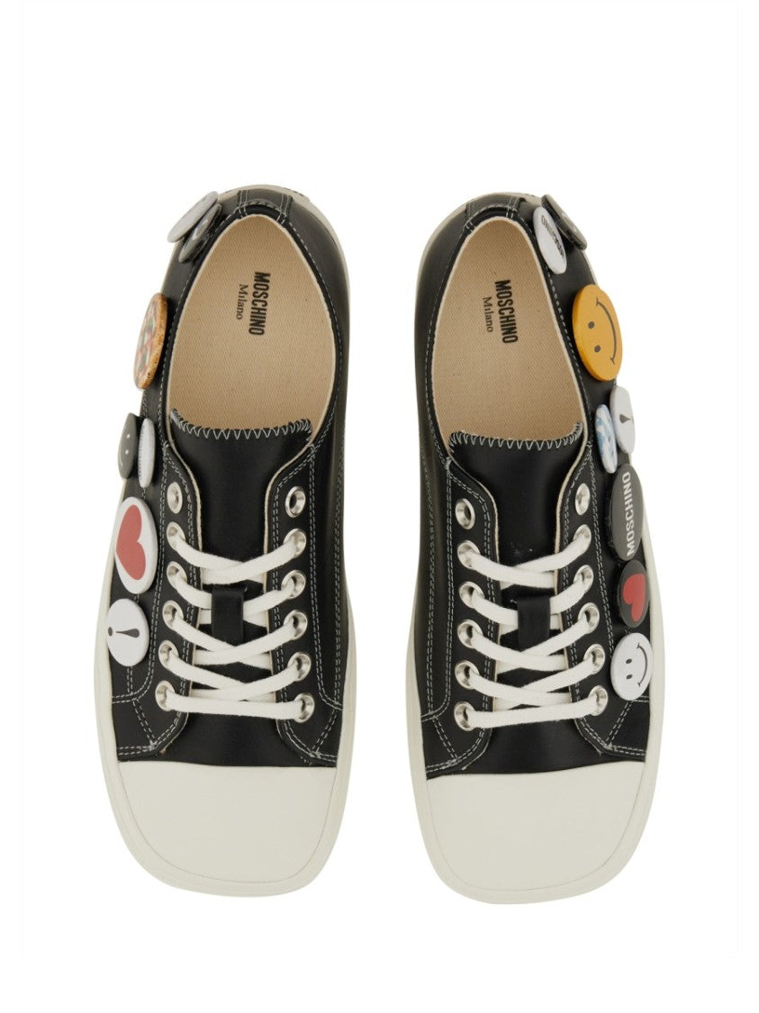 Black Leather Sneakers With Playful Pins