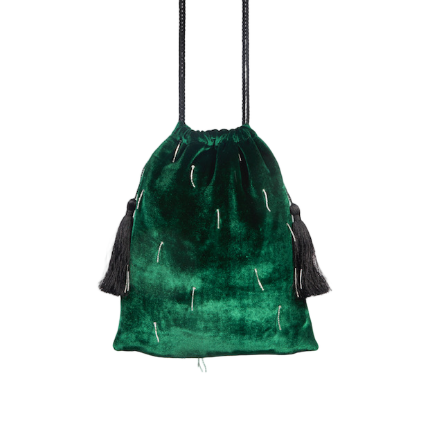 Small Green Velvet Drawstring Bag With Silver Embroidery