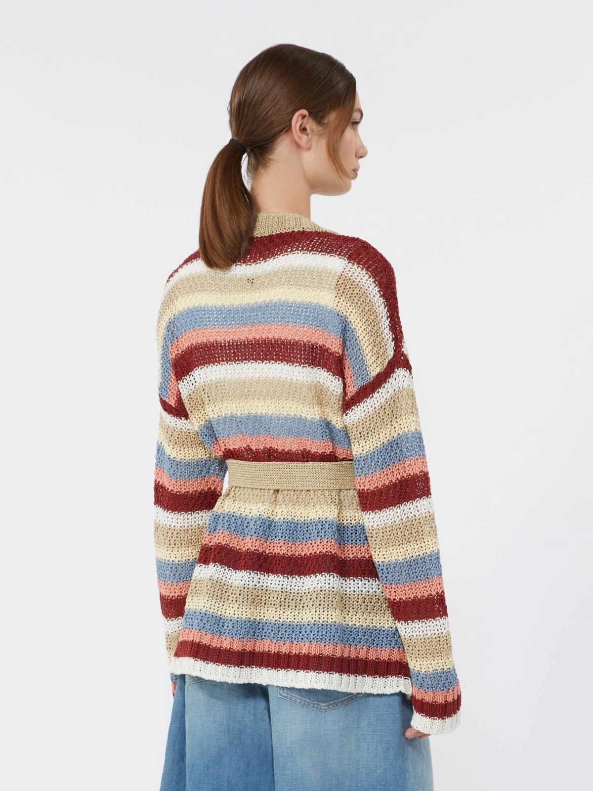 Horizontal Stripe Knit Cardigan with Matching Belt
