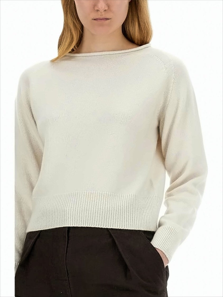 White Cashmere-Cotton Blend Sweater With Boat Neckline