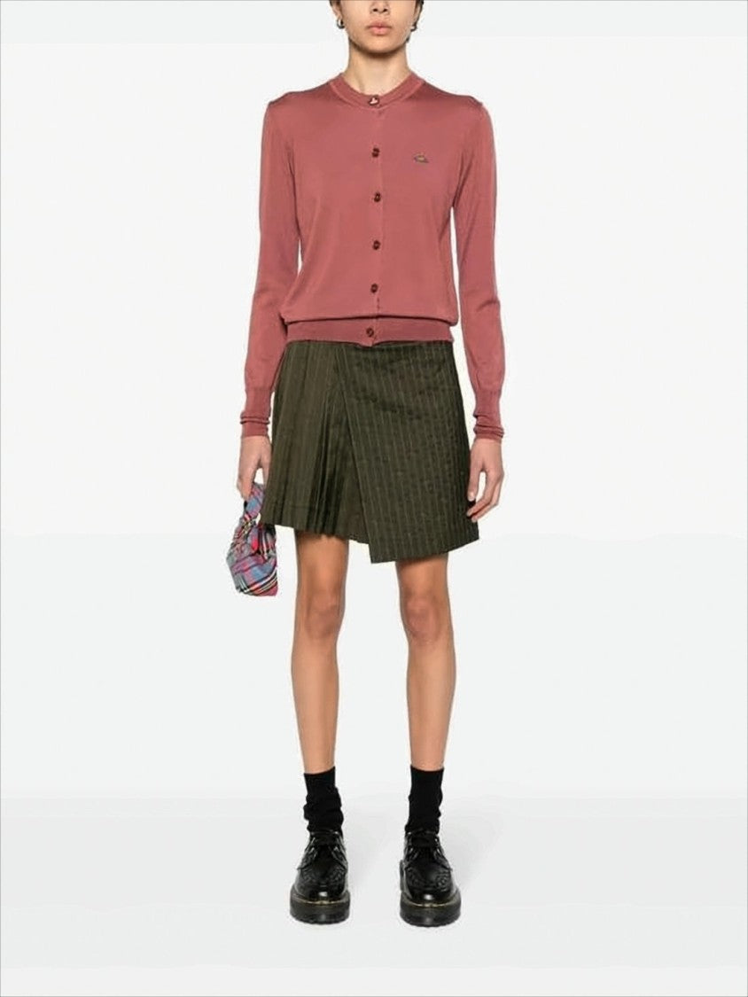 Tailored Red Wool-Silk Blend Cardigan with Embroidered Emblem