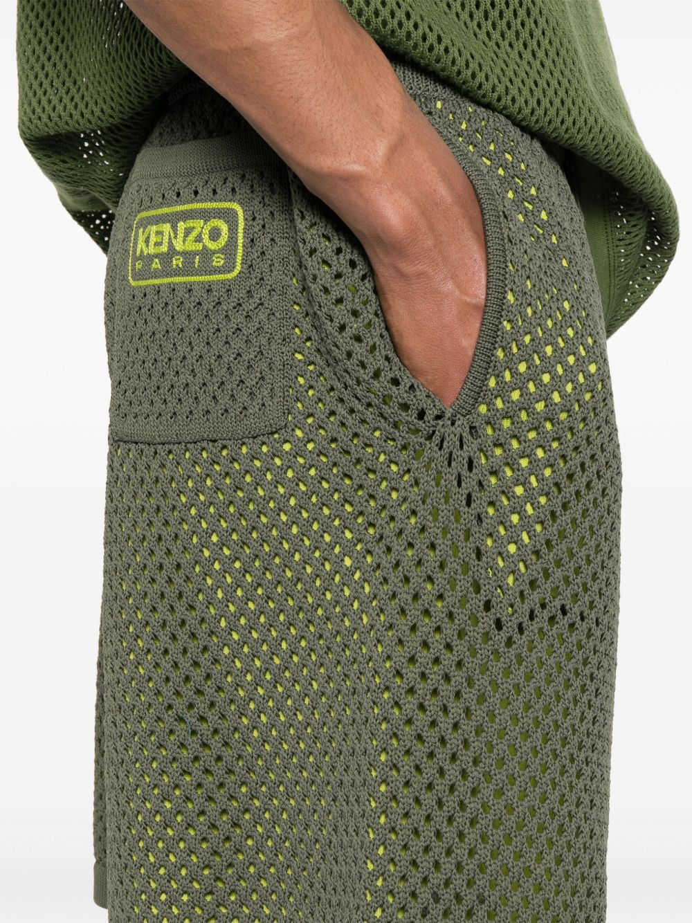 Olive Green Mesh Overlay Shorts