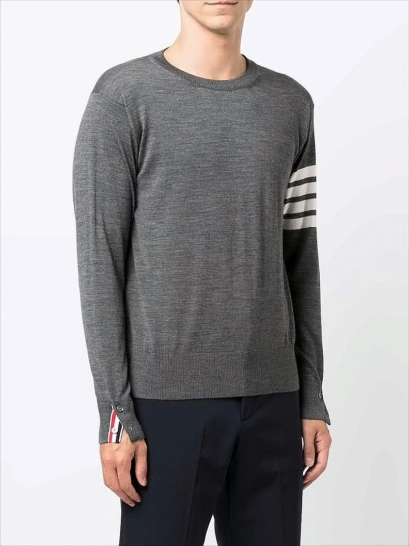 Fine-Knit Grey Merino Wool Sweater with Striped Accent