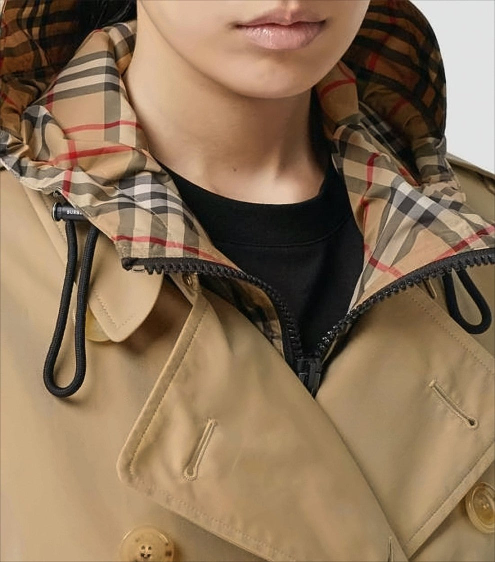 Double-Breasted Trench Coat with Distinctive Check Hood