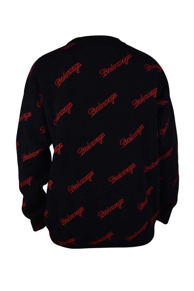 Black Wool Sweater With Red Logo Print