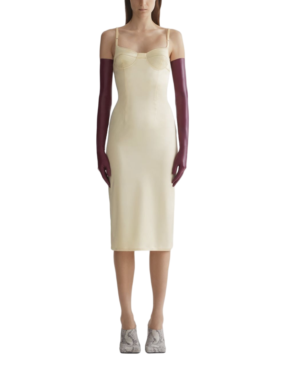 Knee-Length Dress with Light Yellow Ribbed Bodice