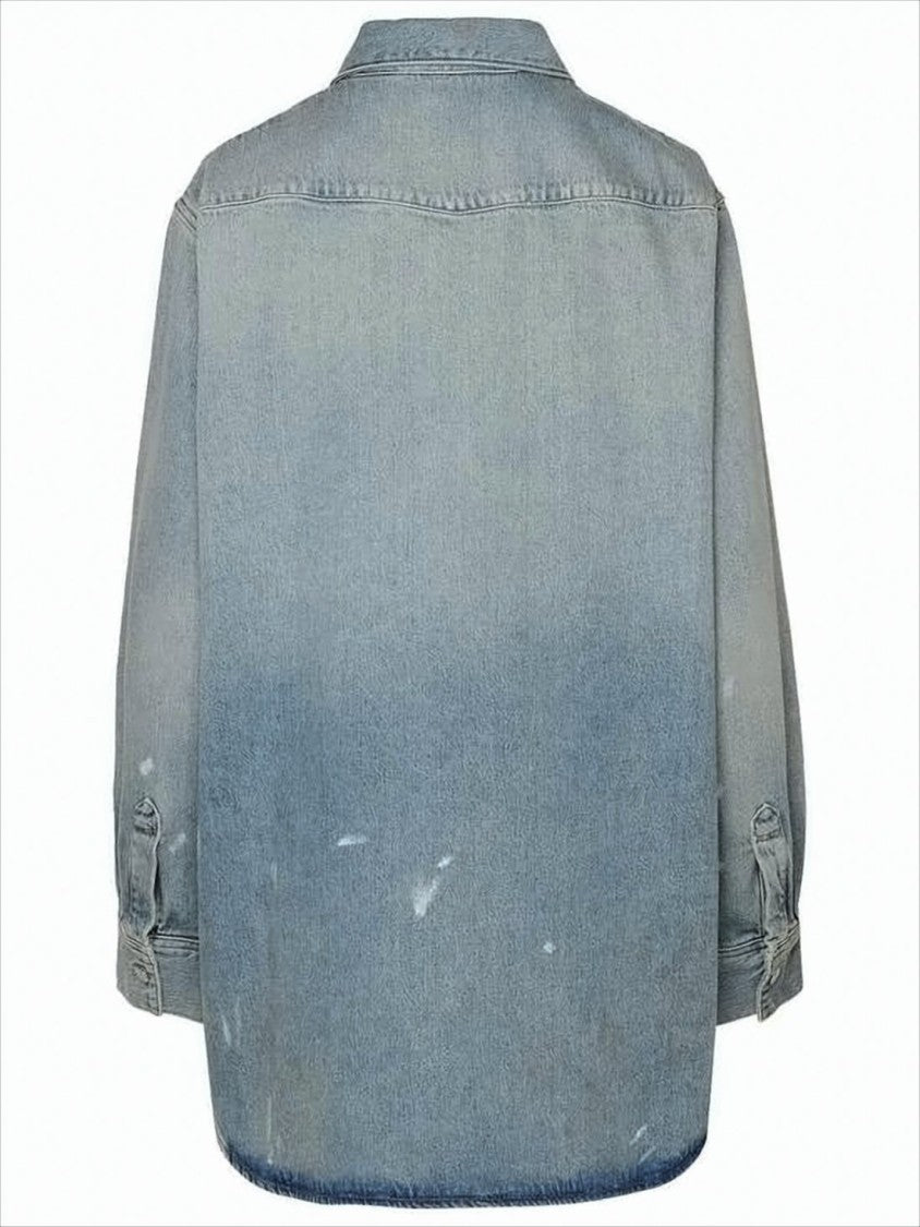 Light Blue Button-Down Denim Shirt With Distressed Finish
