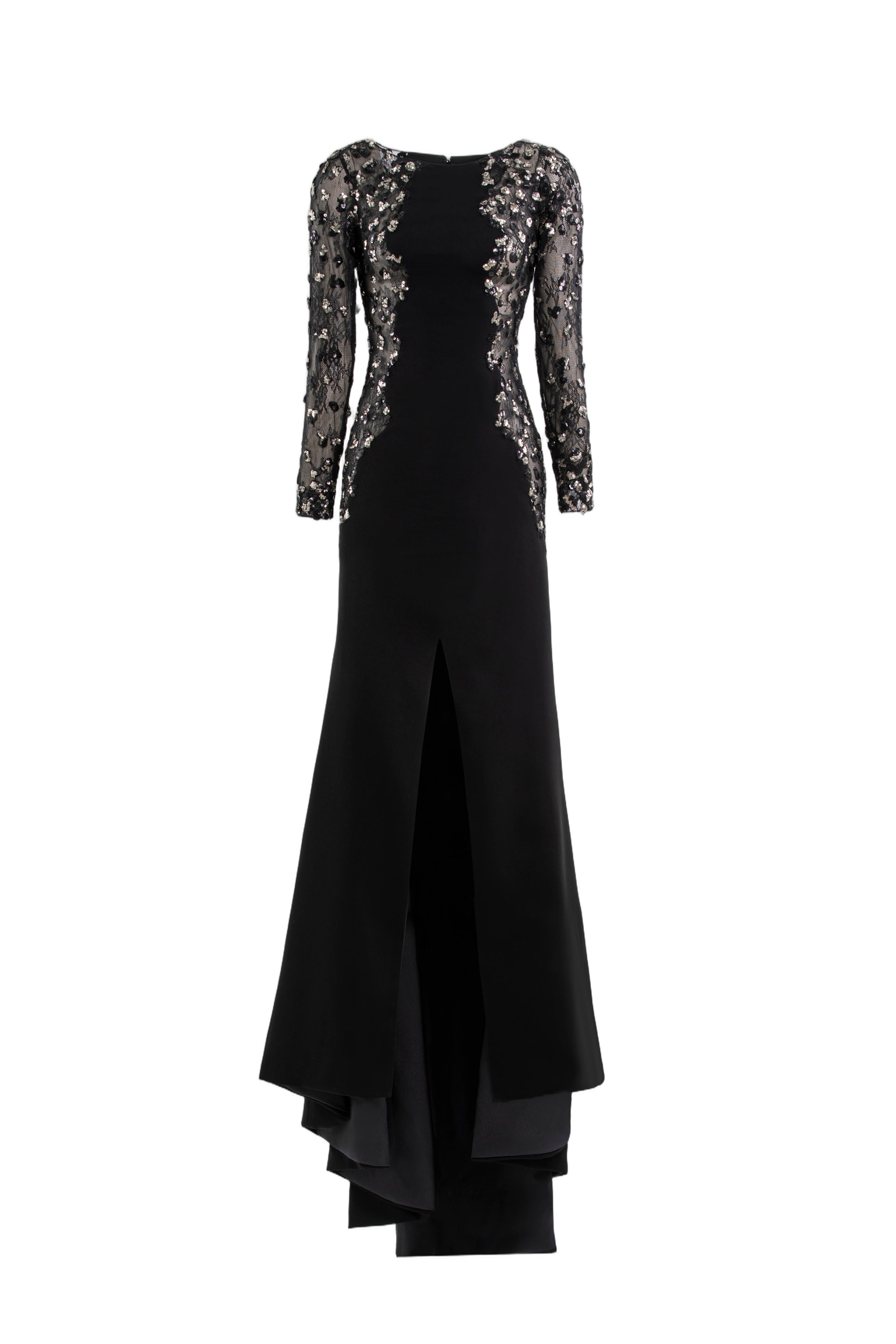 Embellished Crepe Long Dress with Sheer Sleeves and Sequined Detail